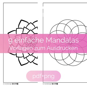 Può includere: Una pagina da colorare stampabile con 9 semplici mandala. I mandala sono disegni a linea in bianco e nero. Il testo "9 einfache Mandalas Vorlagen zum Ausdrucken" è in rosa nella parte superiore della pagina. Il testo "pdf+png" è in rosa nella parte inferiore della pagina.