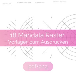 Puede incluir: Un gráfico rosa y blanco con el texto "18 Mandala Raster Vorlagen zum Ausdrucken" y "pdf+png". El gráfico presenta tres diseños de mandalas diferentes con un número variable de rayos y círculos.