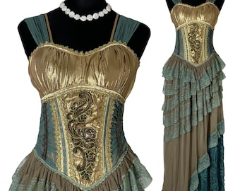 Y2K Corset Maxi Dress Beaded Lace Gold Ruffle Gown Whimsigoth Fairycore Asymmetric Tiered Evening Dress Earthy Green 90s Boho Prom Gown S