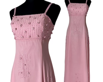 Y2K Pink Prom Dress Beaded Maxi Gown Wedding Guest Dress Fairycore Size XS S