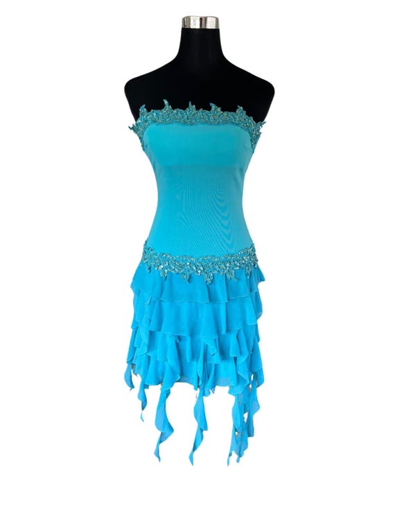 Vintage Beaded Sequin Mini Dress | Aqua Blue Strapless Ruffle Party Dress