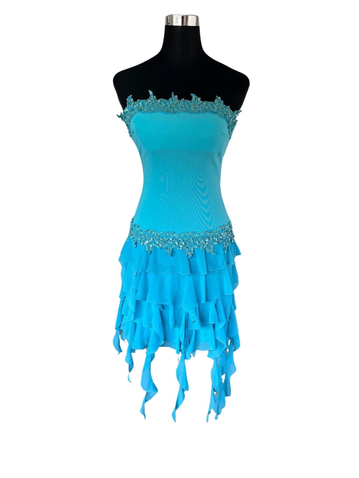 Minivestido vintage con lentejuelas y cuentas / Vestido de fiesta sin tirantes estilo sirena / Traje de fiesta azul agua con volantes estilo hada Y2K