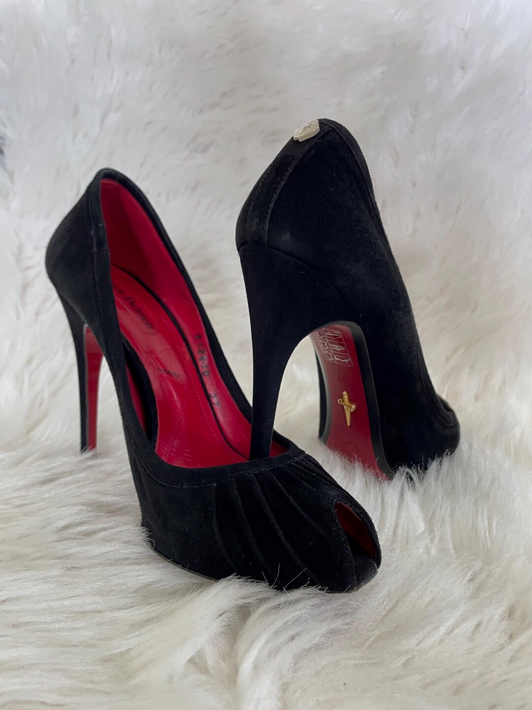 Cesare Paciotti Black Suede Open Toe Heels - Dagger Detail - Size