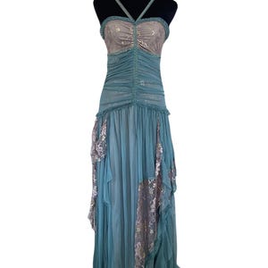 Y2K Lace Layered Mermaid Maxi Prom Dress | Fairycore Graduation Gown | 2000s Vintage Teal Ruffle Evening Dress | Sheer Romantic Fairytale M