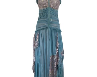 Vestido de fiesta largo estilo sirena con capas de encaje Y2K / Vestido de graduación estilo Fairycore / Vestido de noche vintage con volantes en verde azulado de los años 2000 / Vestido de cuento de hadas romántico transparente M