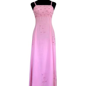 Romantic Y2K Pink Beaded Maxi Dress S – Fairycore Vintage Slip Gown | Pastel Ethereal Prom Dress | 2000s Boho Wedding Guest Look