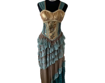 Vestido victoriano estilo steampunk con corsé, vestido renacentista vintage, maxivestido de encaje verde azulado dorado, disfraz de cosplay para fiesta de graduación, talla S