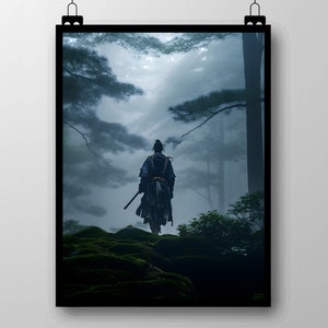 Misty Samurai im Wald, Poster Druck