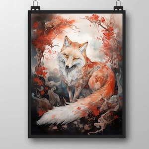 Japanischer mythologischer Kitsune, Aquarell, Art Poster Print