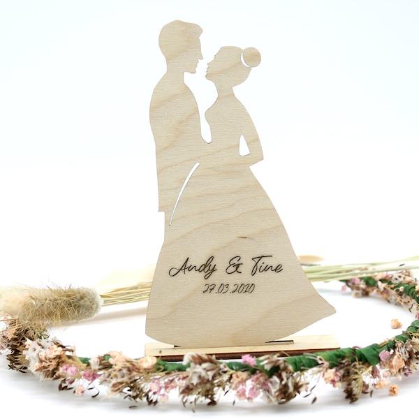 Silhouette en bois des mariés avec gravure souhaitée | Cadeau de mariage | Figure des mariés | figurine de gâteau| Garniture de gâteau | Personnalisable | Mariage