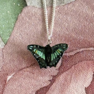 Porcelain Butterfly Pendant Necklace: Green Malachite Style, Sterling Silver Plated Chain