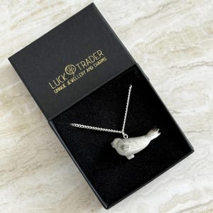 Pu&ograve; includere: Una collana d'argento con un ciondolo a forma di foca, presentata in una scatola nera. Il ciondolo grigio e bianco presenta un design dettagliato di foca. La scatola aperta rivela la collana, con il testo "LUCK TRADER UNIQUE JEWELLERY AND CHARMS".