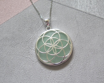 Jade Flower of Life Pendant Necklace: 925 Sterling Silver, Certified