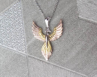 Sterling Silver Phoenix Pendant Necklace: Gold & Rose Gold Wings