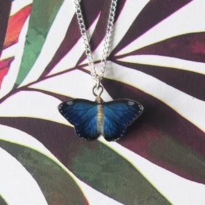 Blue Butterfly Porcelain Pendant Necklace - Sterling Silver Plated Chain