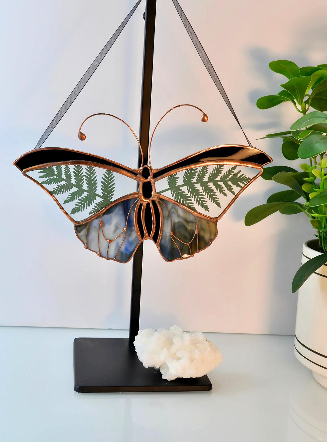 Fern Inlay Stained Glass Butterfly With Wire Details and Fern Inlay. - Etsy