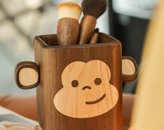 Cute Pen Holder, Wooden Pen Cup, Black Walnut Pencil Cup, Stationery Organizer, Cute Monkey Design - Gift for Child, School Enrollment Gift