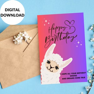 Greeting card printable  Alpaca birthday card, Alpaca digital birthday card, E-birthday card, Instant download llama birthday card