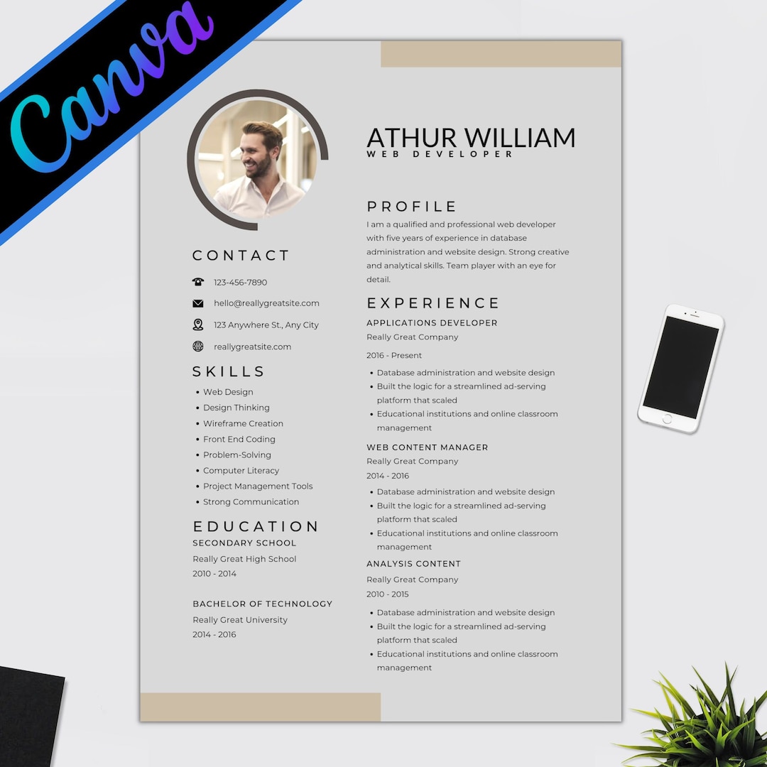 Elegant Resume Template for Canva CV Template, Professional Modern ...