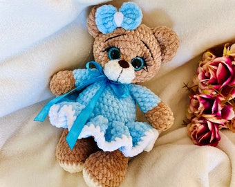 Crochet bear in a blue dress with a bow. Nise gift for a girl. Soft toy for sleep. Decor for a childrens photo session. Gift for a baby.