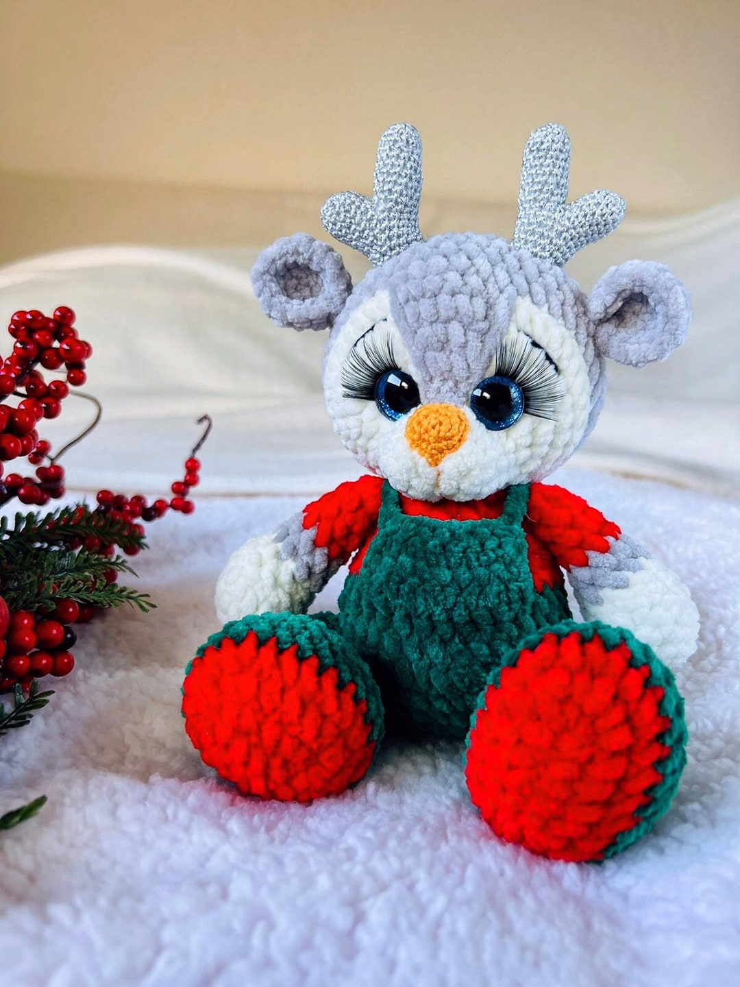 Handmade Crochet Deer Toy in Green Hat