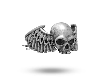 Gothic Punk Skull Wings 925 Italian Sterling Silver Biker Rider Men's Bird Ring
