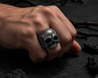 Half Jaw Crack Skull Ring Oxidized Finish Jewelry | 925 Sterling Silver | Gothic Biker Ring | Gift for Him