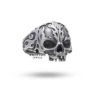 Half Jaw Red Fire Skull 925 Silver Men&#39;s Biker Rider Oxidized Ring