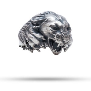Oxidized Roaring Wild Panther Jaguar 925 Silver Men&#39;s Biker Rider Ring