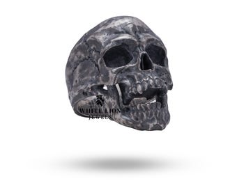 May include: A silver skull ring with a detailed design. The skull is open-mouthed and has a textured surface.