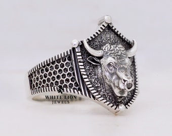 Djurtjurhuvud stjärntecken Oxen sköld oxiderad ring silver herrgåva | 925 sterlingsilver | Gotisk stjärnteckenring | Gåva till honom