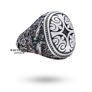 Oval Signet Birds Nature 925 Silver Men&#39;s Biker Oxidized Birthday Gift Ring