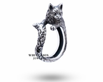 Anello da uomo con gatto stravagante, gioiello fatto a mano per amanti dei gatti / Argento sterling 925 / Anello di tendenza / Regalo per lui