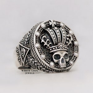 King Crown Third Eye Half Jaw Skull 925 S Silver Oxidized Men&#39;s Biker Ring