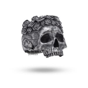 Gothic Half Jaw Roses Skull Men&#39;s Biker Rider Ring 925 Sterling Silver Punk Gift