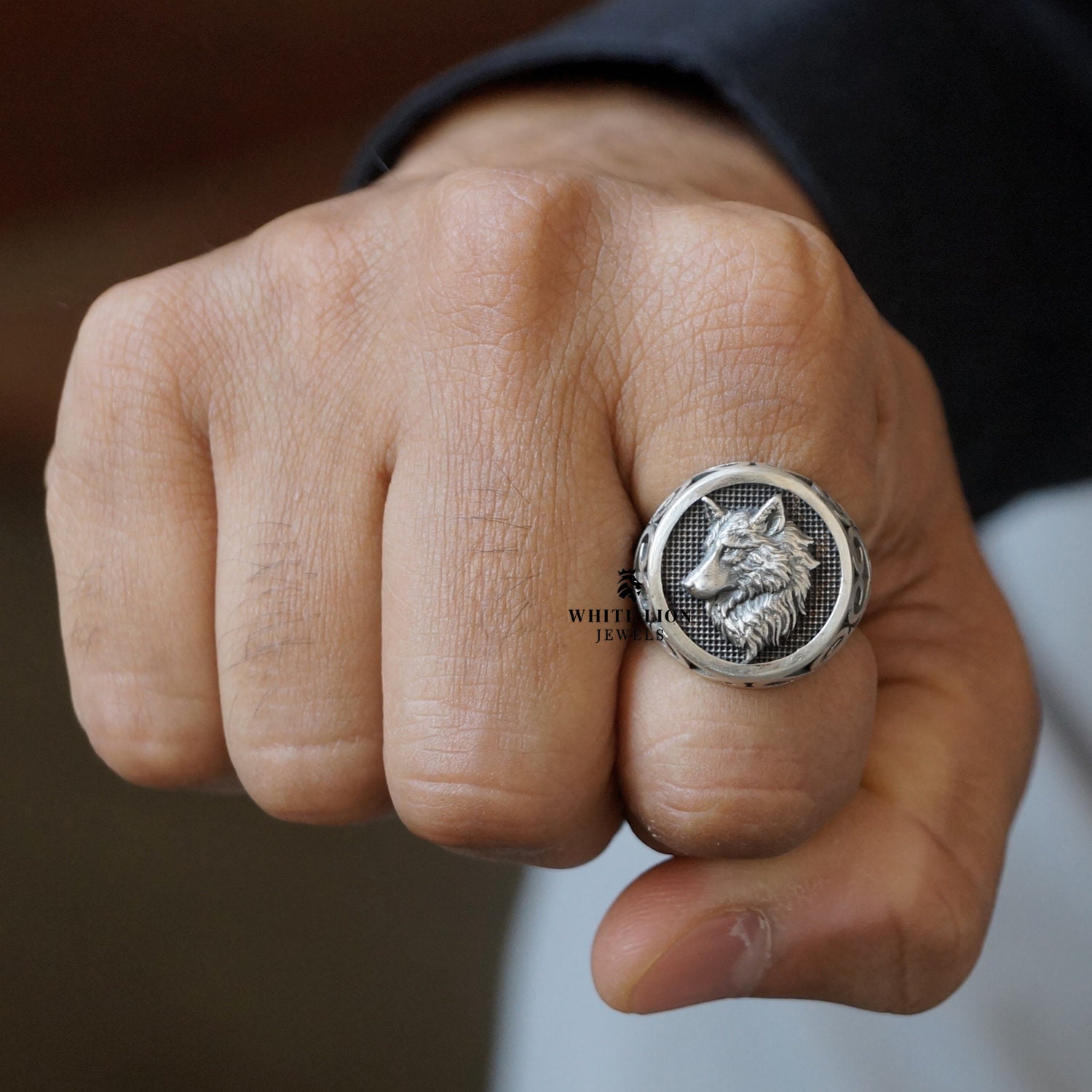Anello da motociclista in argento sterling 925 con ciondolo a forma di lupo, animale, da uomo, stile Warlock - Italia
