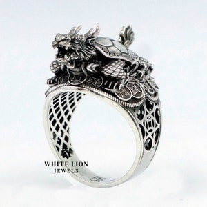 Turtle Dragon Good luck Creature Animal Leather Back 925 Silver Men Ring Gift