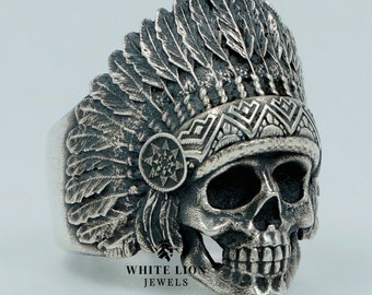 Indigenous American Indian Skull Silver Men's Biker Rider Ring Birthday Gift | 925 Sterling Silver | Gothic Biker Ring | Gift for Him