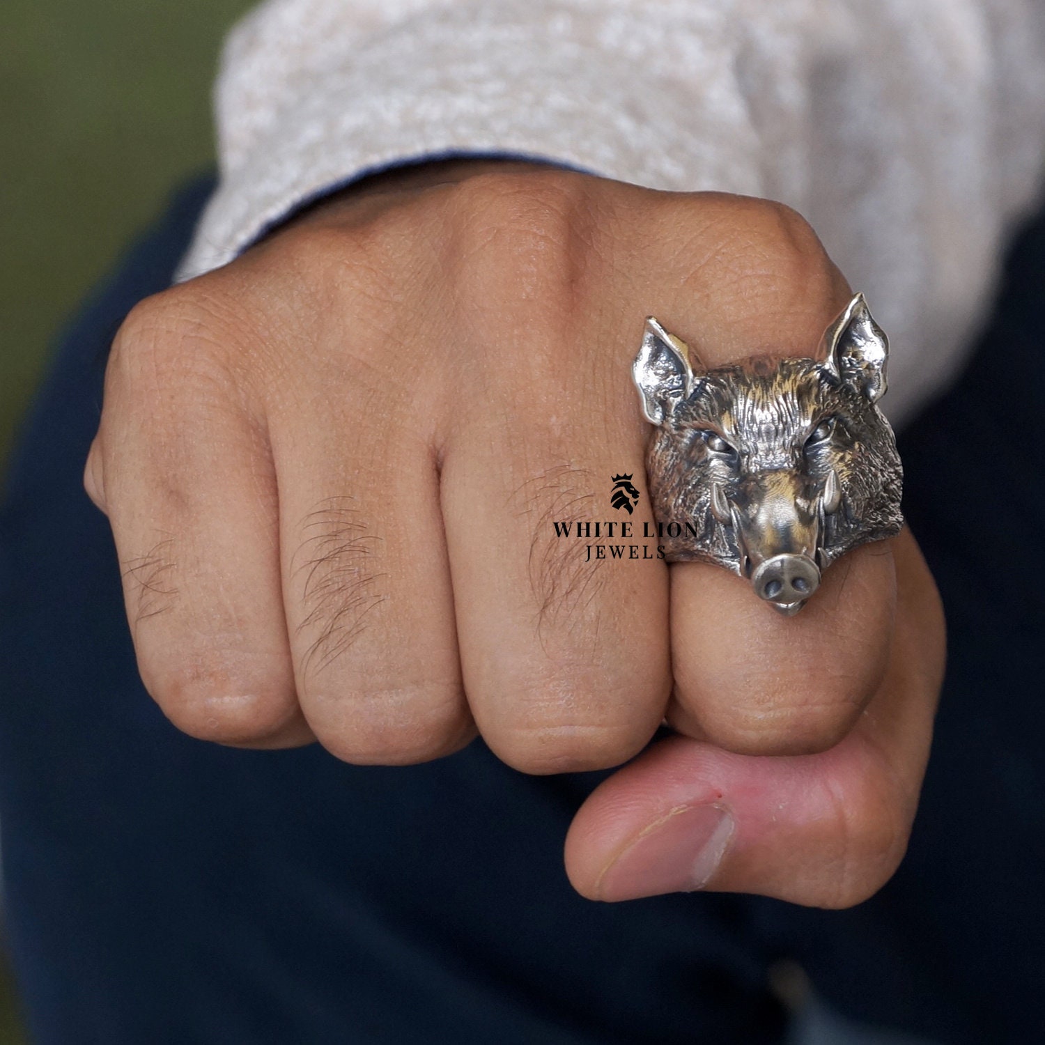 Anello Testa Di Volpe Argento 925 Ossidato - Stile Biker/Sigillo, Uomo/Donna, Fatto A Mano India