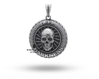 Deep Drakness Biomechanic Skull Biker Rider 925 Silver Gift Men Round Pendant