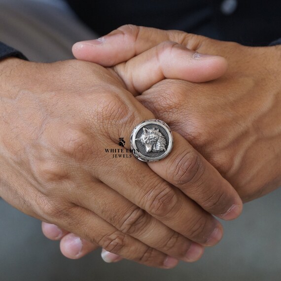 Anello Biker In Argento 925 Ossidato Con Testa Di Lupo: Gioiello Uomo Donna Fatto A Mano, Taglia 10