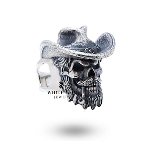 Gangster Cowboy Pipe Cigar Hat Skull Head Men&#39;s Biker Rider Ring Birthday Gift