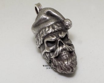 Christmas Santa Claus Bearded Skull Pendant 925 Silver Biker Gift Men