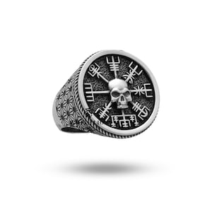 Vegvisir Viking Compass Skull Ring | 925 Sterling Silver | Oxidized Finish | Unique Statement Jewelry