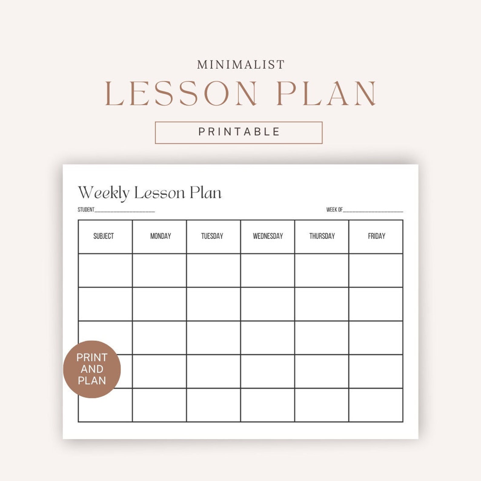 Weekly Lesson Plan Printable, Homeschool Lesson Plan, Minimalist Lesson