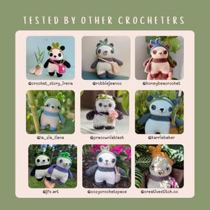 Puede incluir: Colecci&oacute;n de nueve mu&ntilde;ecos amigurumi de panda tejidos a crochet, cada uno con accesorios y dise&ntilde;os &uacute;nicos. La imagen incluye el texto "TESTED BY OTHER CROCHETERS" y varios identificadores de redes sociales. Los pandas est&aacute;n en varias poses y entornos.