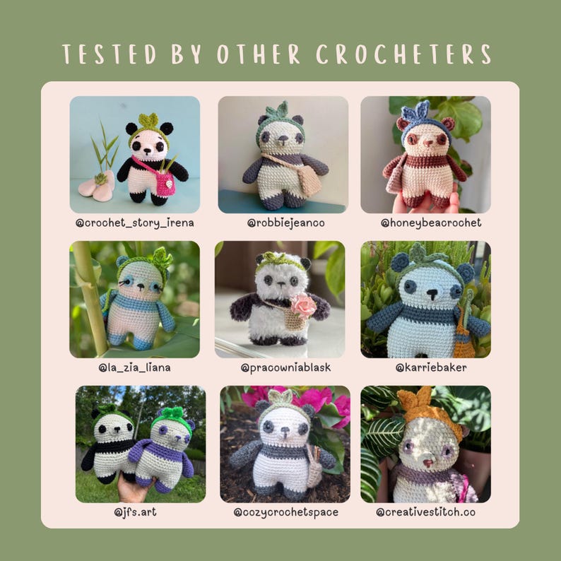 Puede incluir: Colecci&oacute;n de nueve mu&ntilde;ecos amigurumi de panda tejidos a crochet, cada uno con accesorios y dise&ntilde;os &uacute;nicos. La imagen incluye el texto "TESTED BY OTHER CROCHETERS" y varios identificadores de redes sociales. Los pandas est&aacute;n en varias poses y entornos.