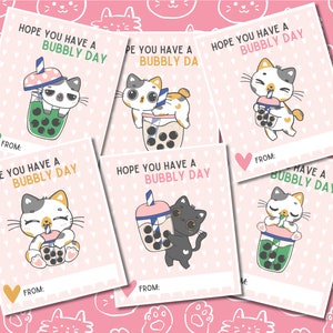 Boba Katze Valentinstag | Kawaii Valentinstag | Digitaler Download | Druckbare Karten | Seifenblasentee