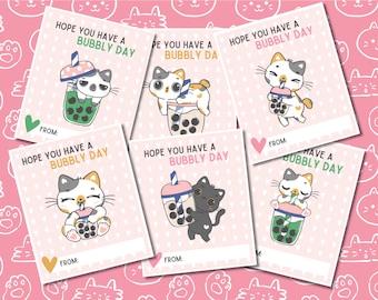 Boba Cat Valentines / Kawaii Valentines / Descarga Digital / Tarjetas Imprimibles / Bubble Tea