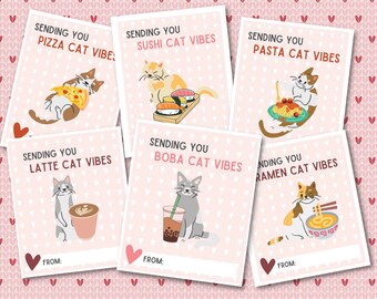 Cat Valentines | Cats and Food | Printable Valentines | Sushi, Ramen, Boba Cat Art | Kawaii Designs